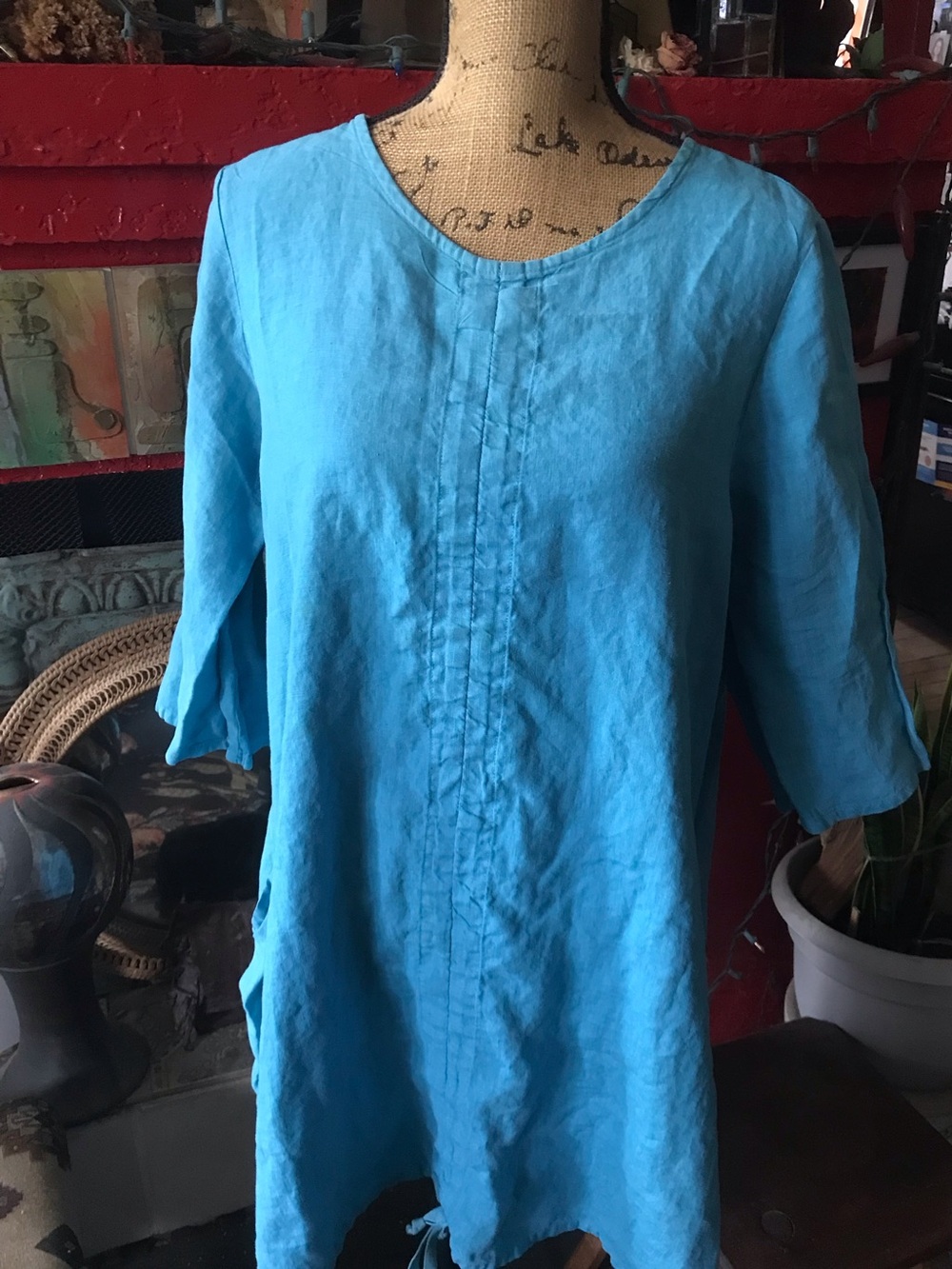 Bryn Walker Aqua Blue Linen women’s dress/long tunic. 100% linen